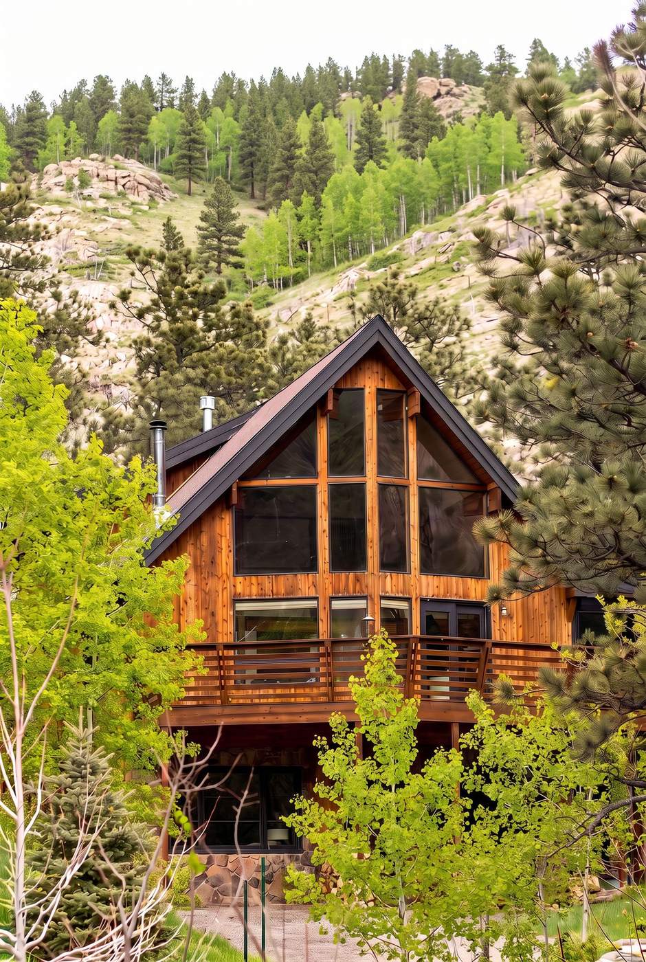 The cedar A-frame among aspens and pines in spring