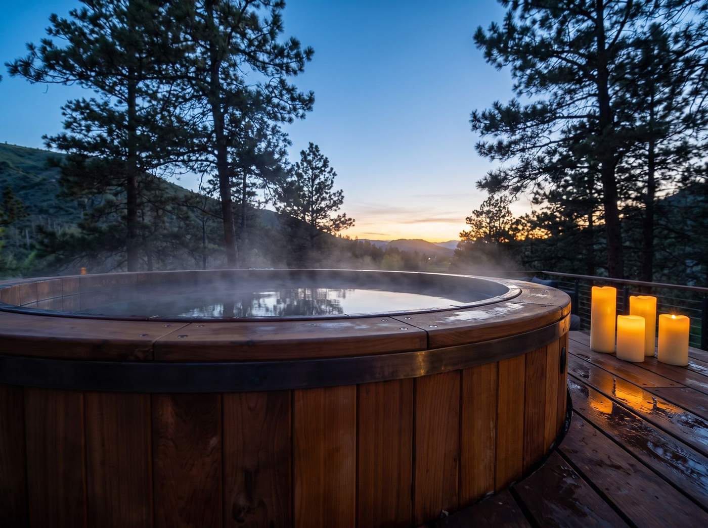 The cedar hot tub at blue hour, steaming, with candles on the deck