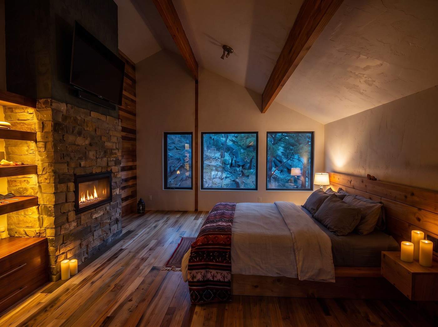 The master bedroom by firelight and candles