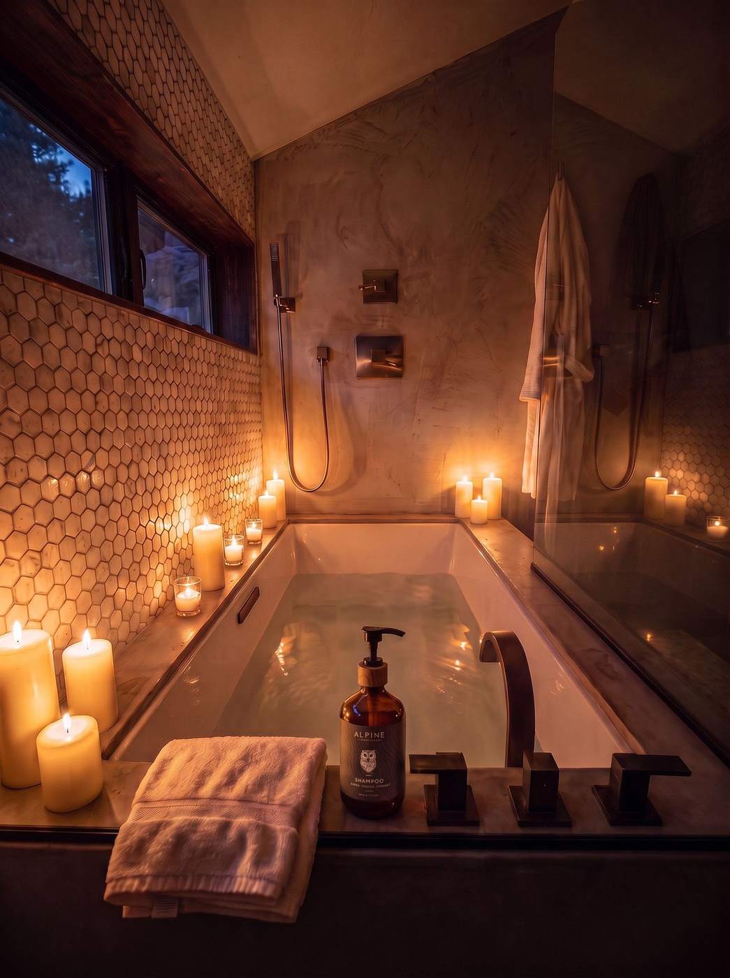 The master bath tub by candlelight