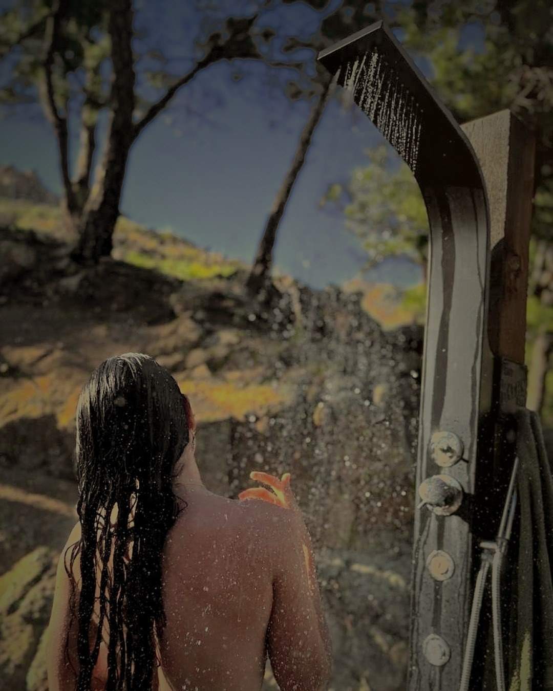 The outdoor shower at golden hour