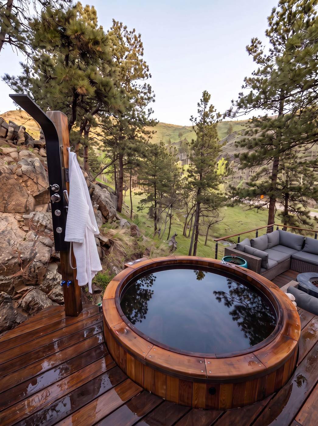 The cedar hot tub on the wet deck, a robe on the hook