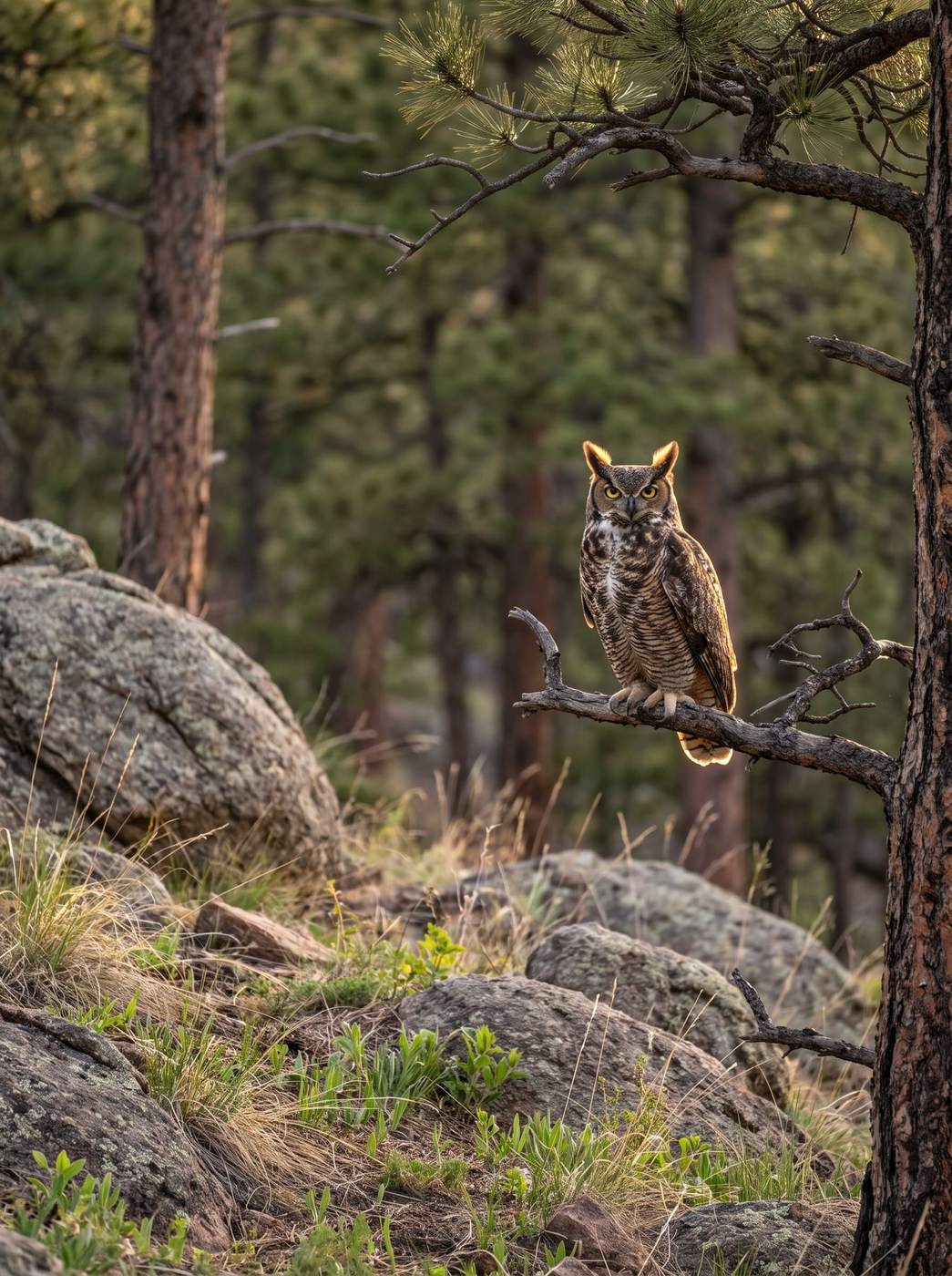 A great horned owl on a ponderosa branch
