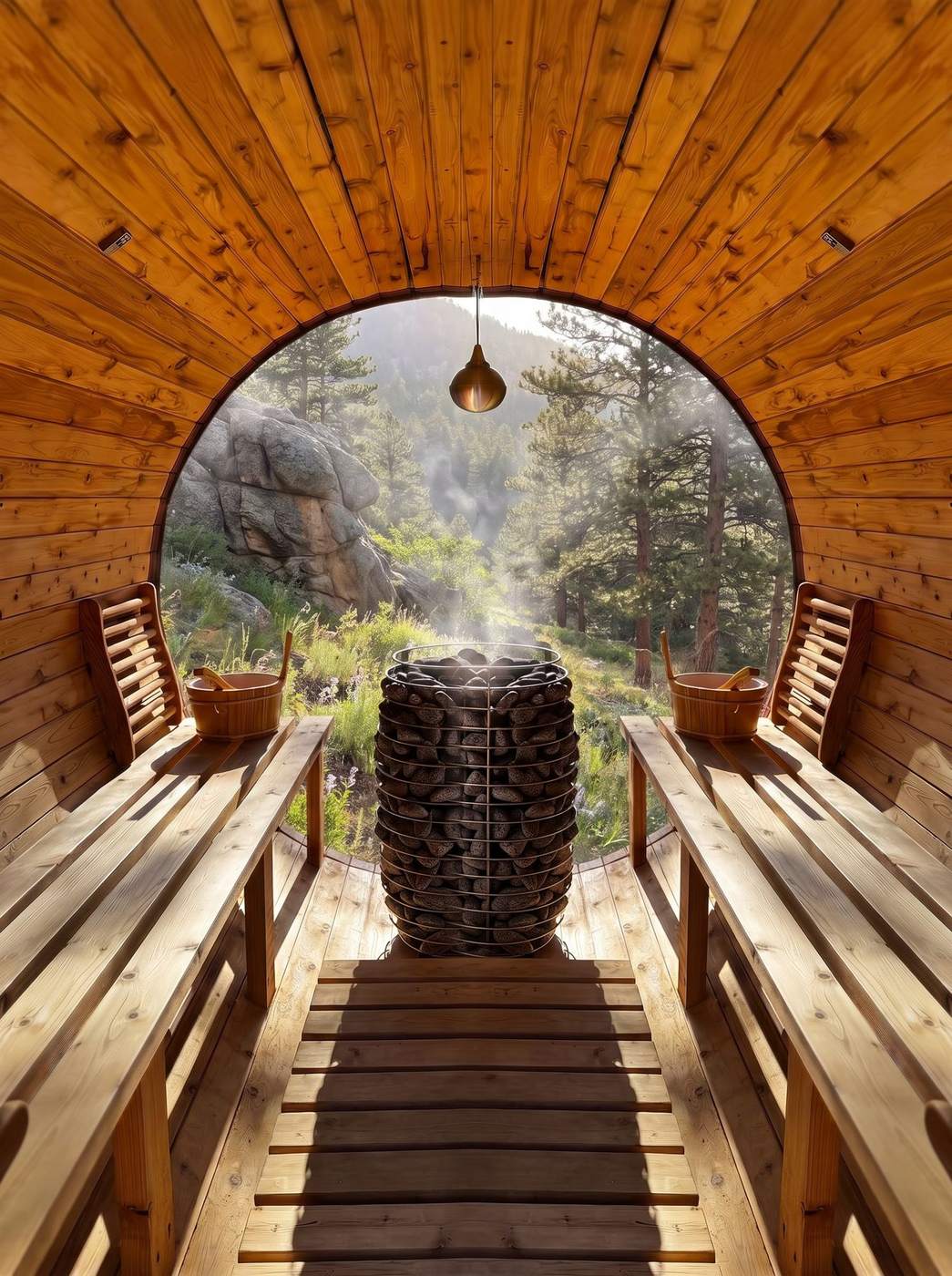 Inside the cedar barrel sauna