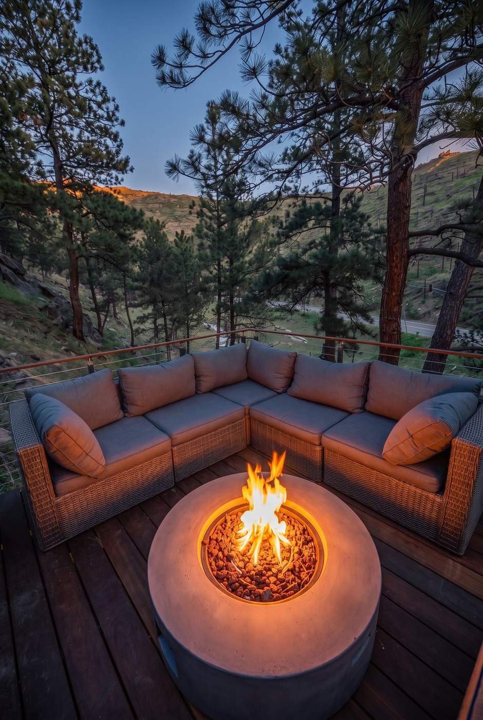 The fire pit at twilight among the pines