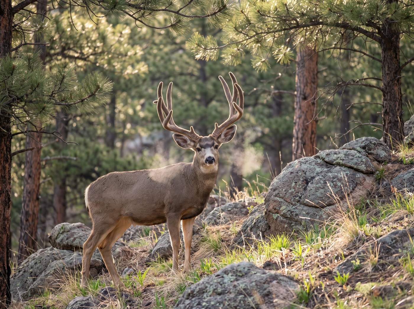 A mule deer buck on a granite slope